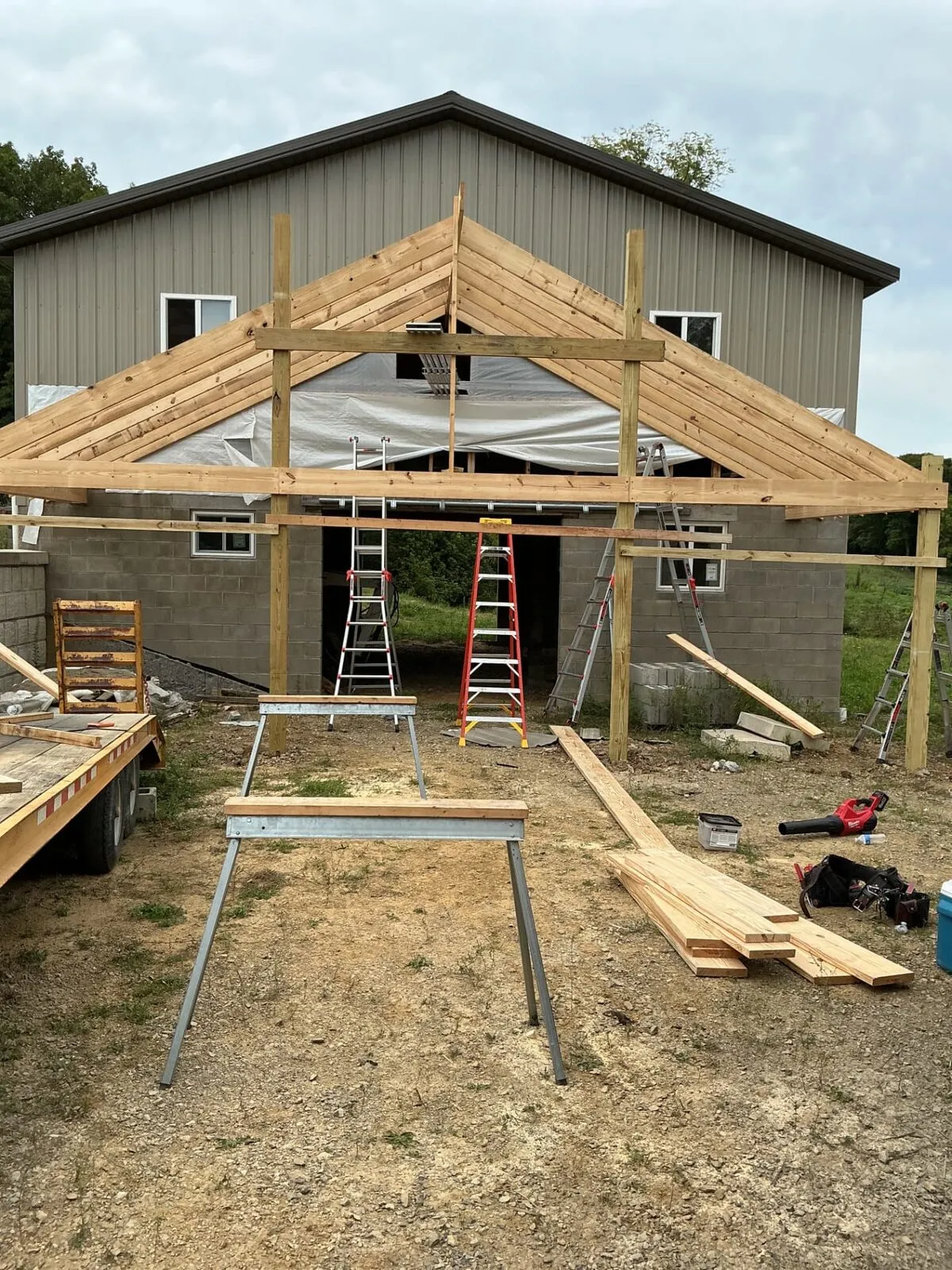 Timber porch roof framing in progress